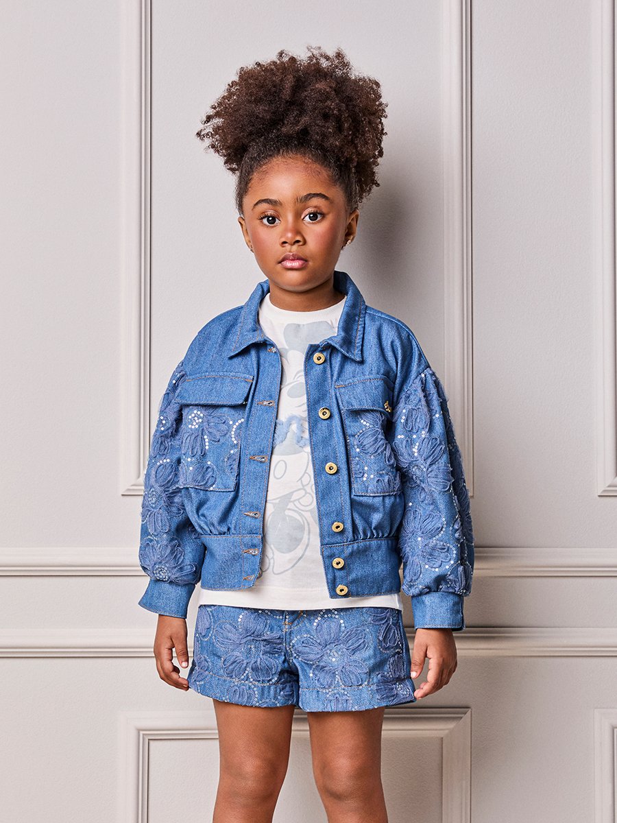 Girls' Anime Jeans Jacket with Sequin Floral Embroidery