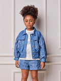 Girls' Anime Jeans Jacket with Sequin Floral Embroidery