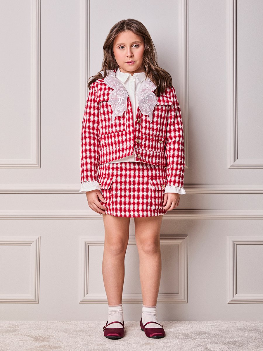 Girls' Anime Cherry Tweed Coat with Mixed Buttons