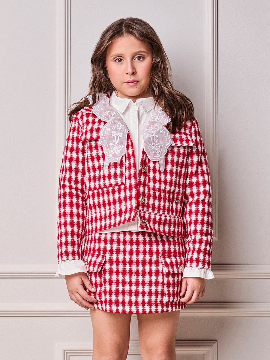Girls' Anime Cherry Tweed Coat with Mixed Buttons
