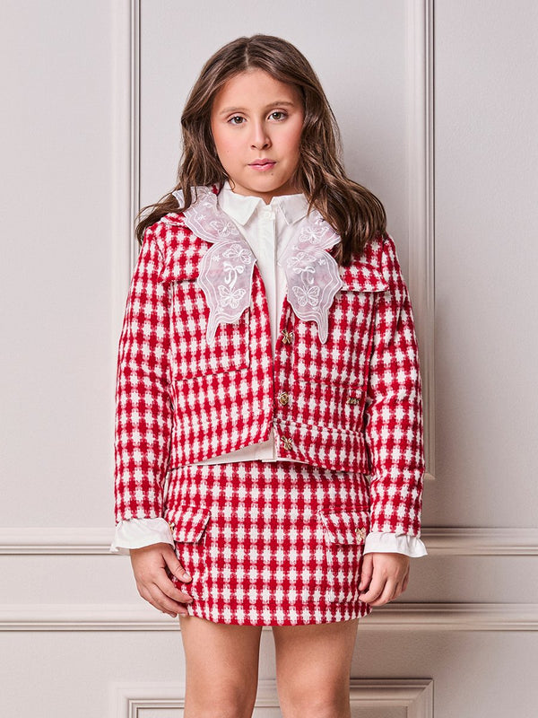Girls' Anime Cherry Tweed Coat with Mixed Buttons