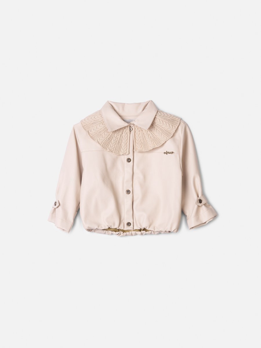 Girls' Anime Faux Leather Jacket with Knit Collar