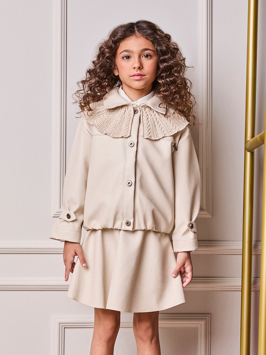 Girls' Anime Faux Leather Jacket with Knit Collar