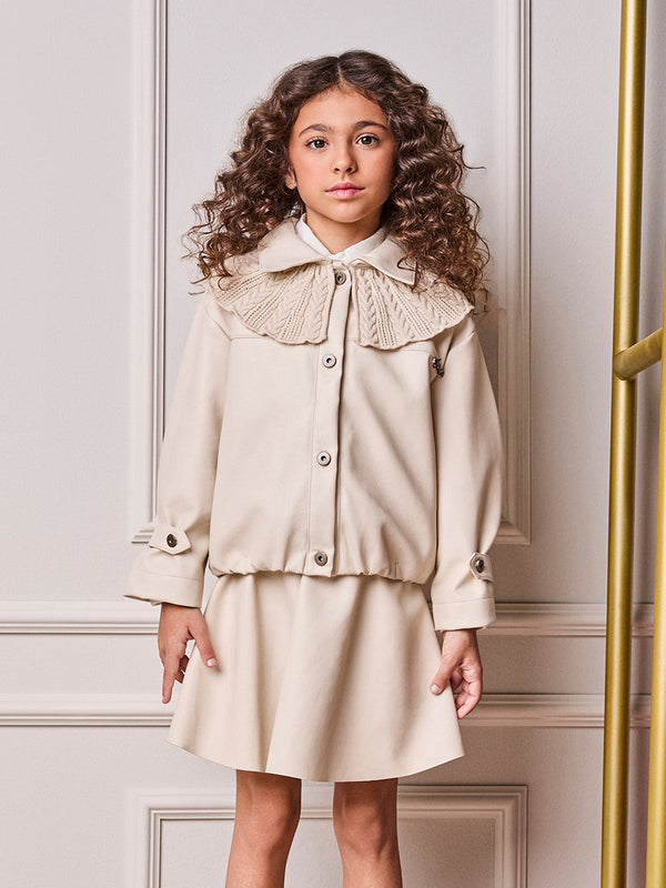 Girls' Anime Faux Leather Jacket with Knit Collar