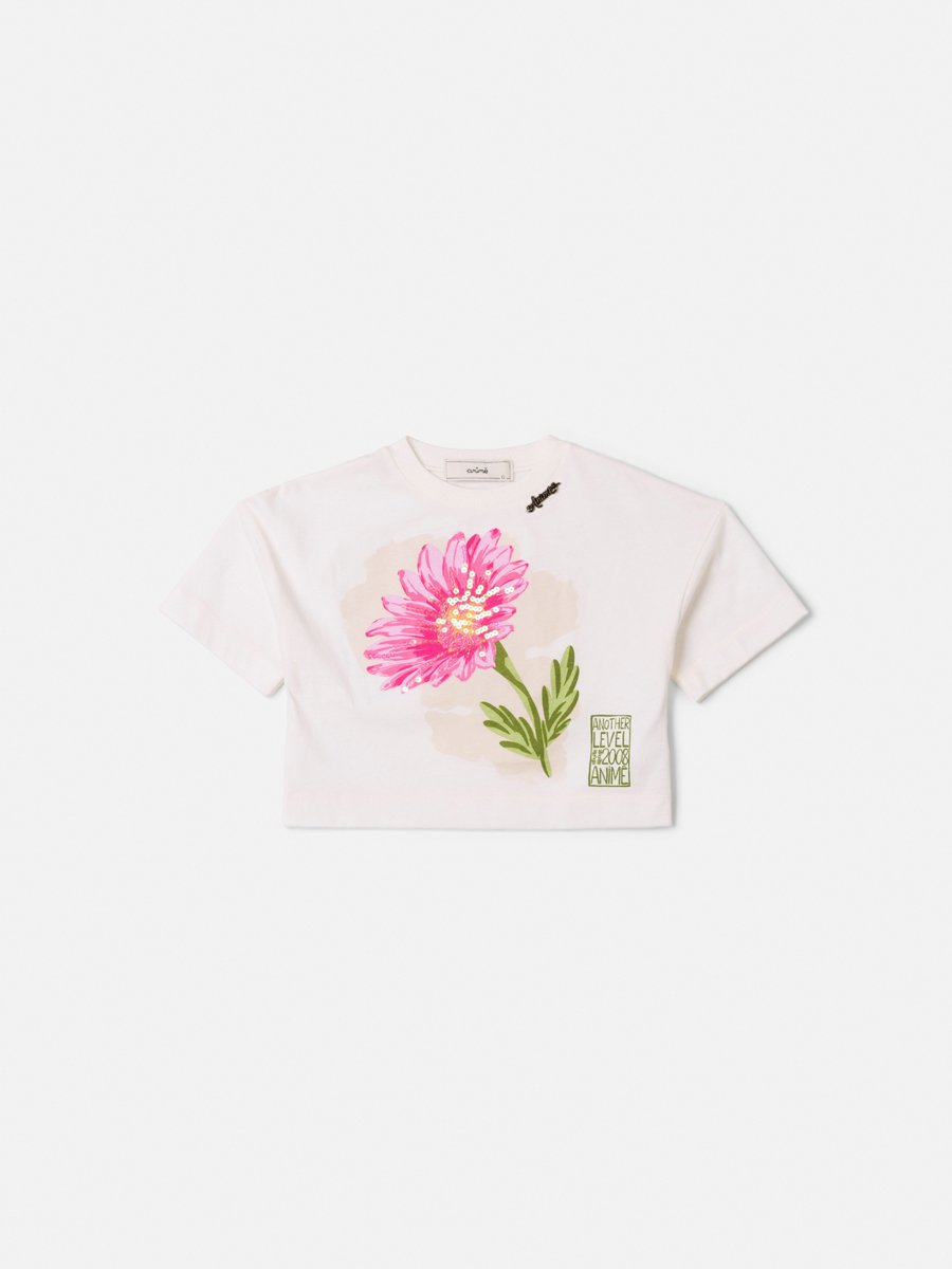 Girls' Anime Top with Sequin Flower