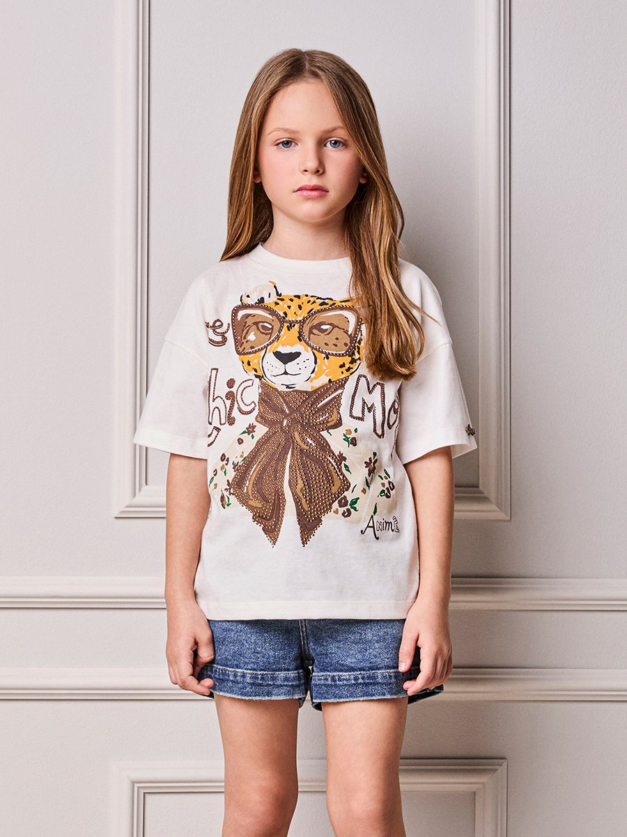 Children's Blouse Girl Anime Animal Print with Rhinestones