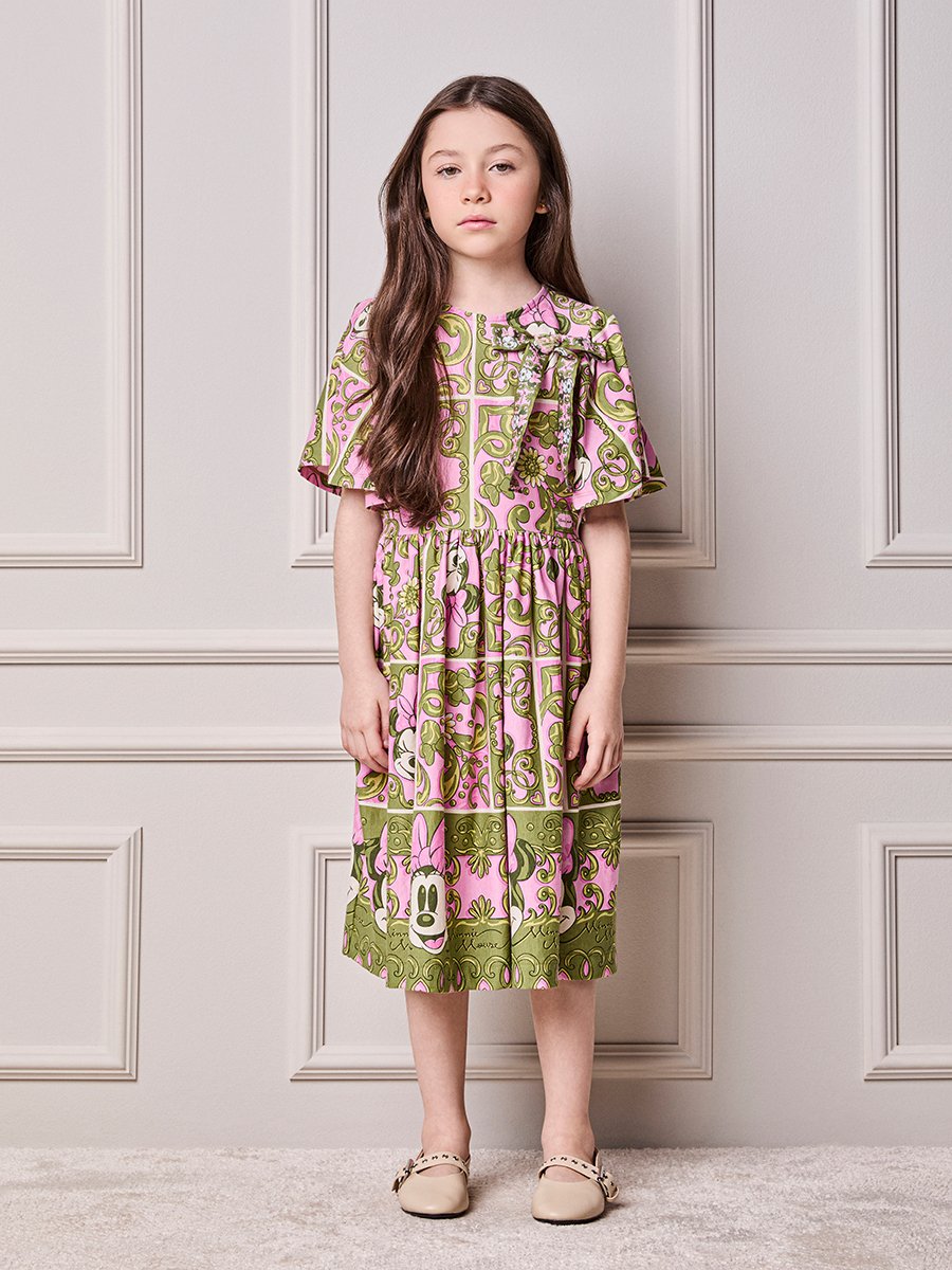 Minnie Floral Grid Anime Girl Dress with Bow