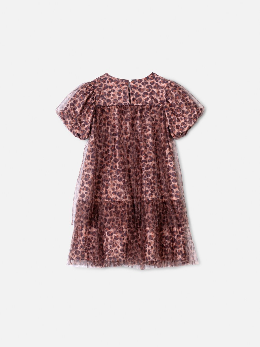 Children's Girl Anime Animal Print Dress with Pleated Tulle