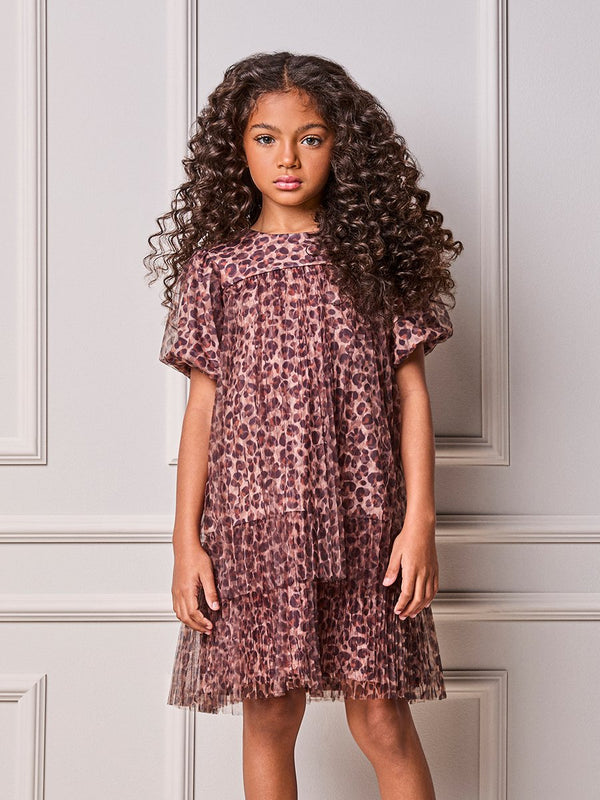 Animê Girls' Dress – Animal Print with Pleated Tulle