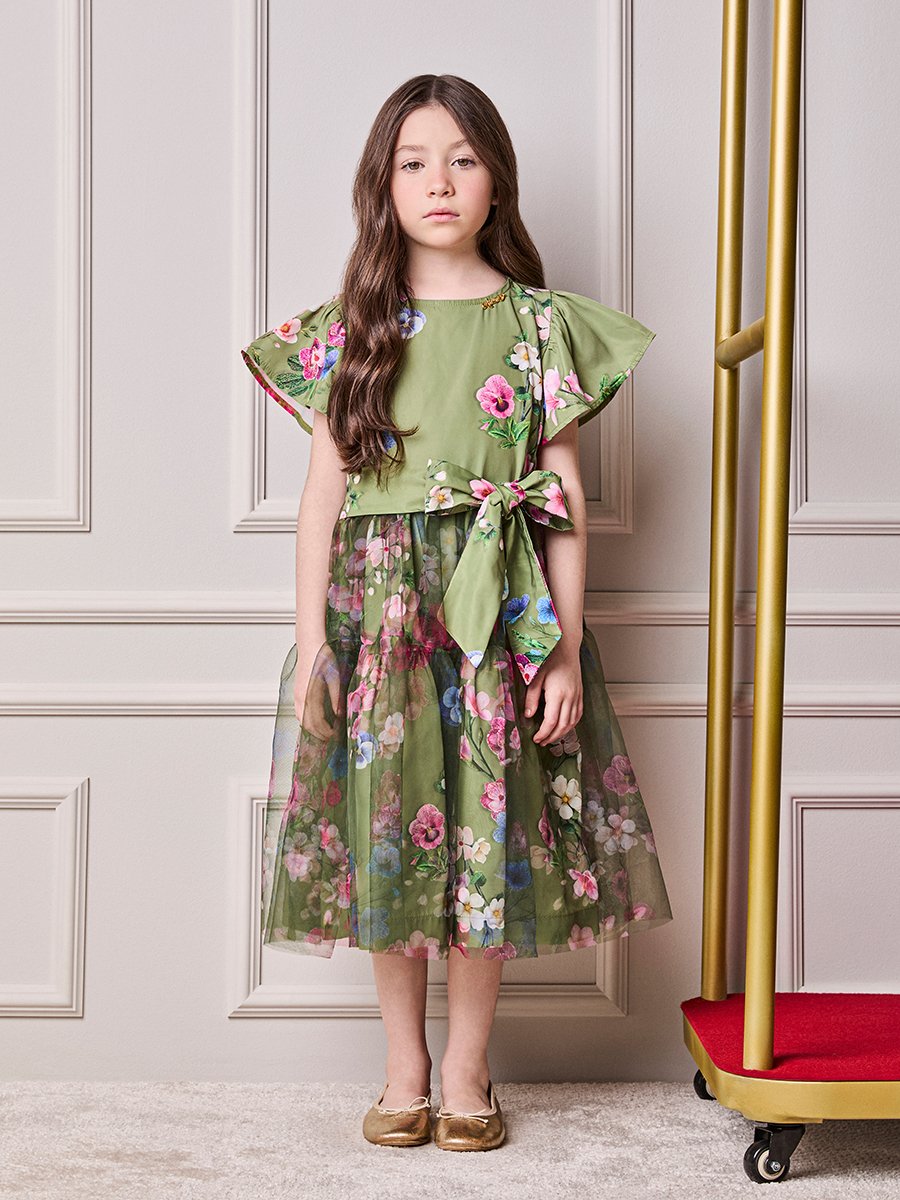 Girls' Anime Floral Dress with Tulle