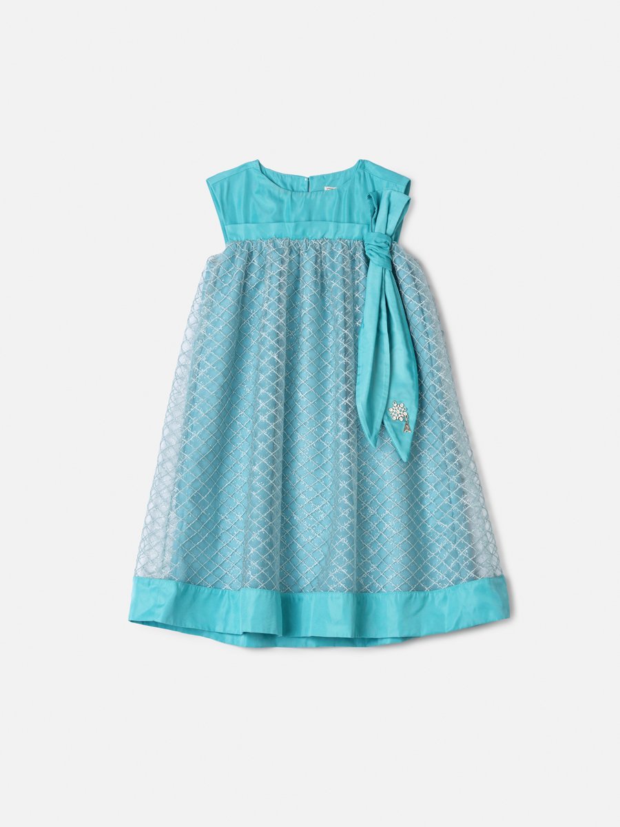 Animê Girls' Dress – Aqua Dress with Embroidered Tulle and Oversized Bow