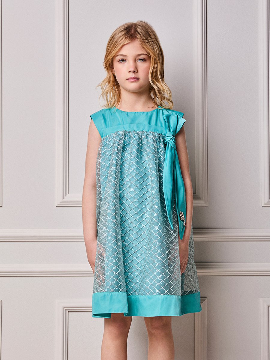 Animê Girls' Dress – Aqua Dress with Embroidered Tulle and Oversized Bow