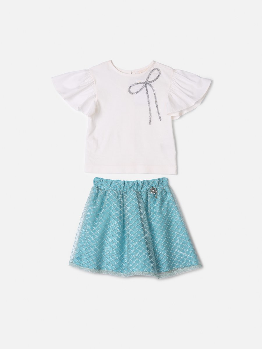 Animê Girls' Set – Aqua with Embroidered Tulle and Bow shimmer
