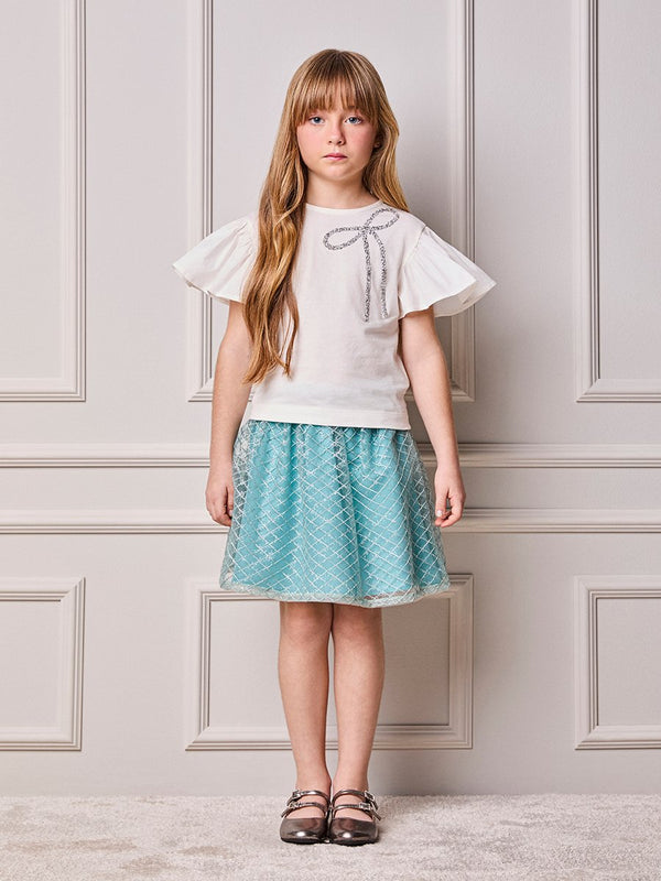 Animê Girls' Set – Aqua with Embroidered Tulle and Bow shimmer