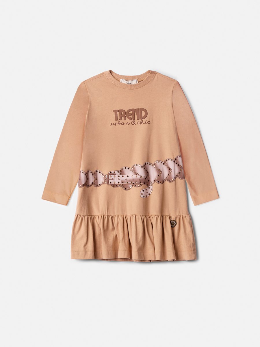Animê Girls' Dress – Long Sleeve with Belt Print and Rhinestones
