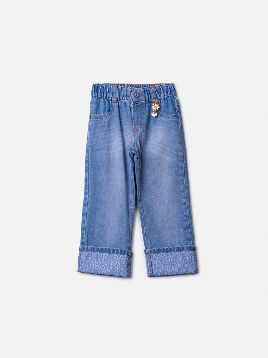 Jeans with Embroidery and Flower Pendant