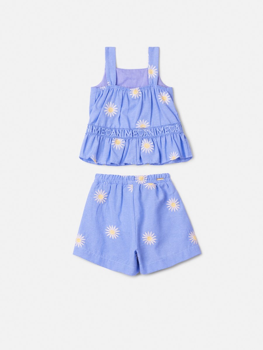 Blue Set with Embroidered Daisies