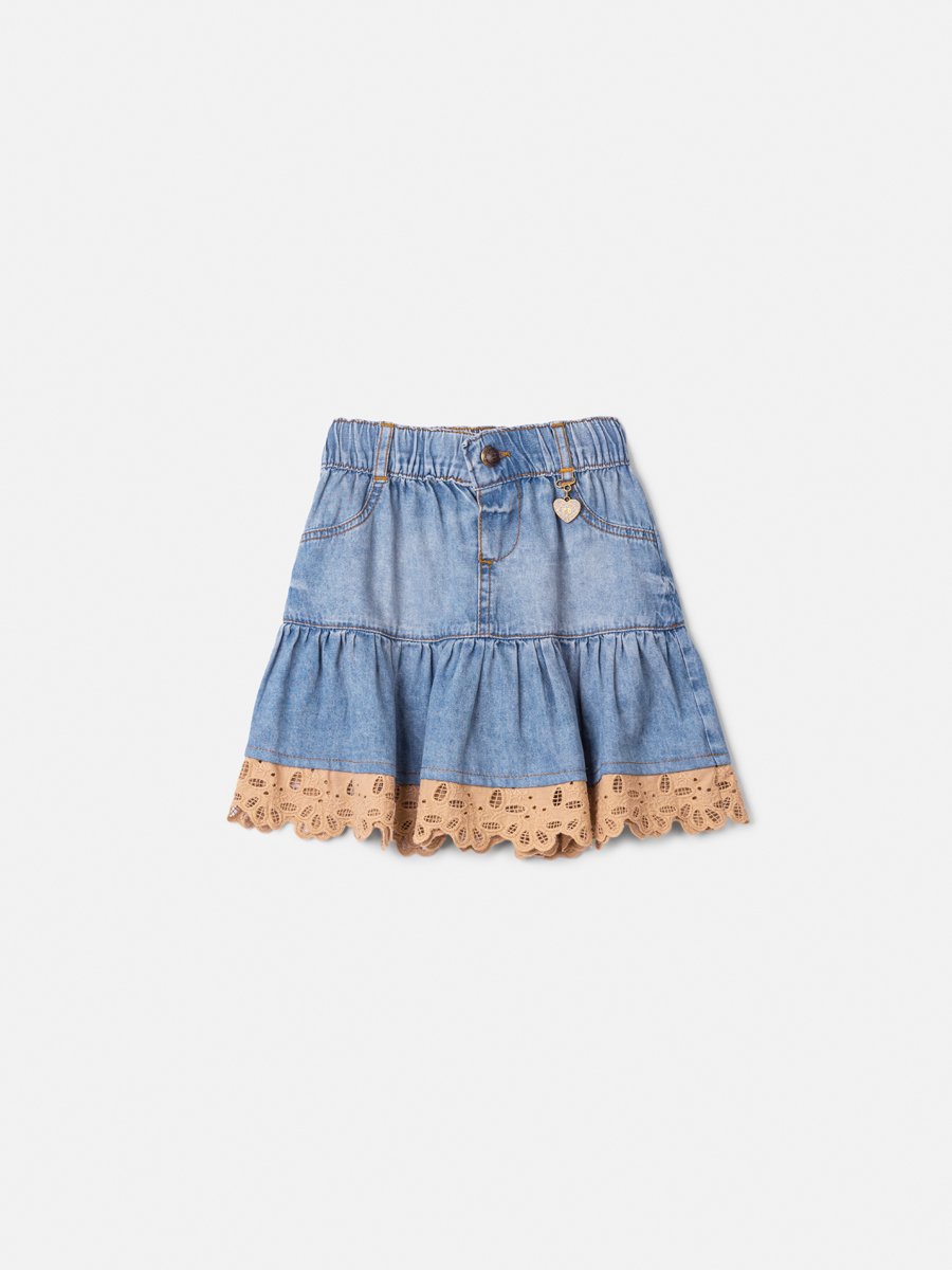 Animê Girls' Skirt – Denim Franzida with Lace and Charm