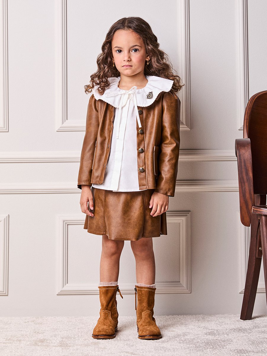 Animê Girls' Jacket – Faux Leather Jacket with Gathered Sleeves and Charm