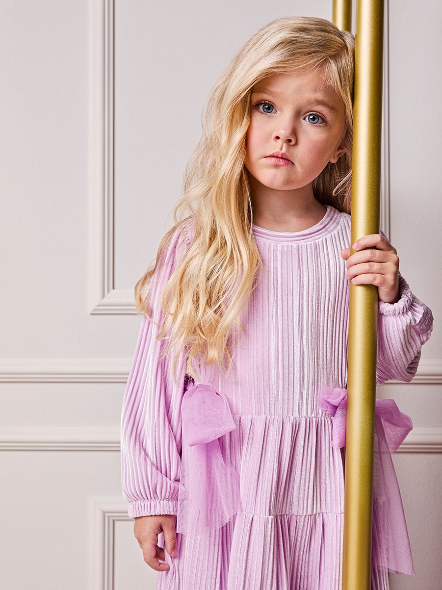Animê Girls' Dress – Pleated Velvet with Tulle Bows