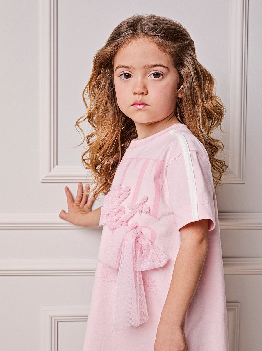 Baby Pink Animê Ballet Girl Dress with Embroidery and Tulle Bow