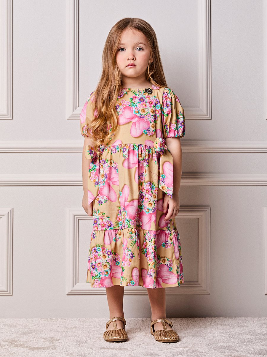 Children's Animê Minnie Floral Dress with Bows and Puffed Sleeves