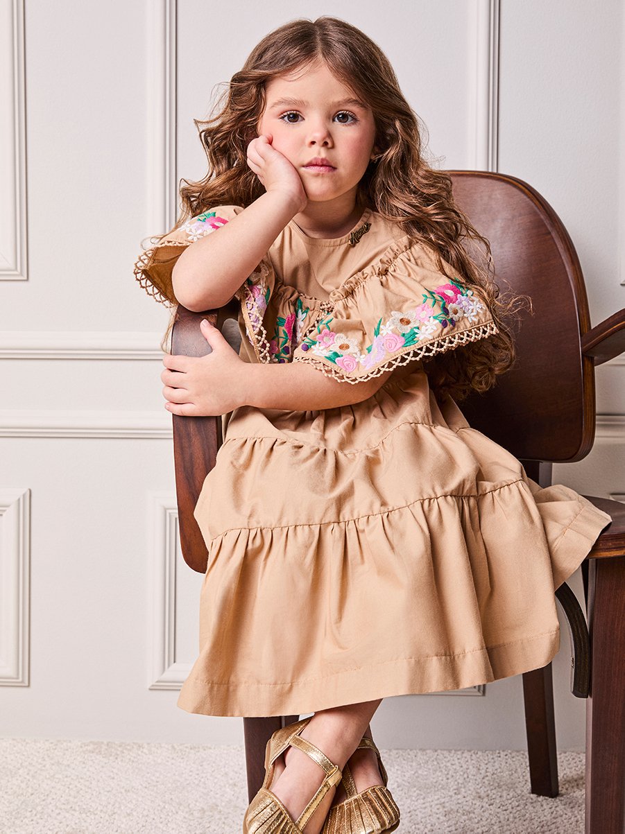 Animê Girls' Dress – Oversized Collar with Floral Embroidery