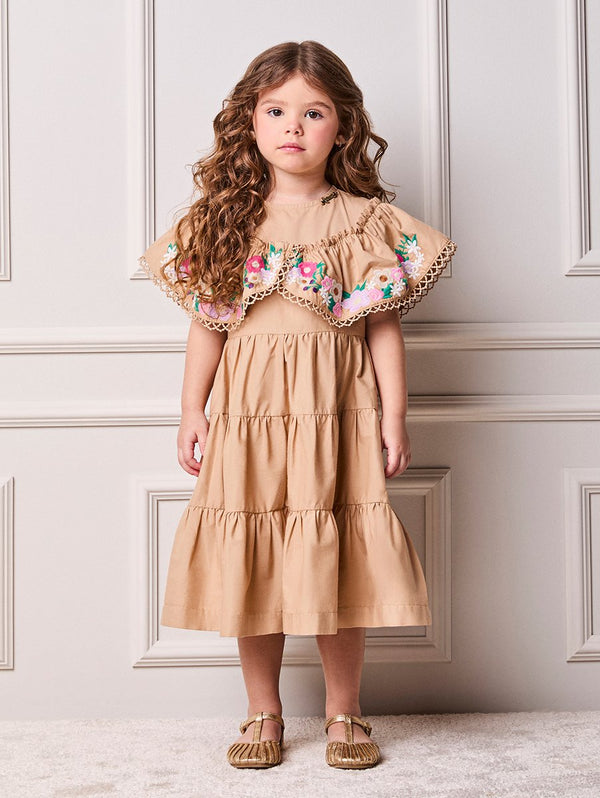 Animê Girls' Dress – Oversized Collar with Floral Embroidery