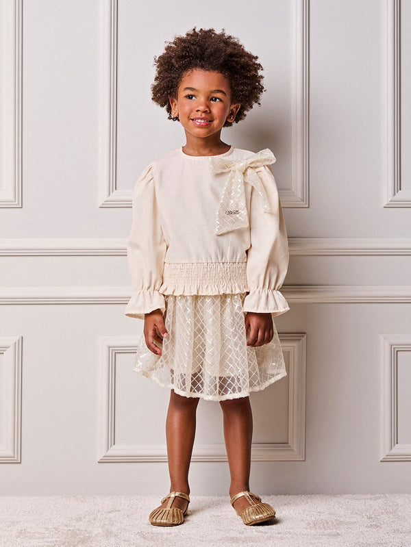Animê Girls' Set – Embroidered Tulle with Bow and Gathered