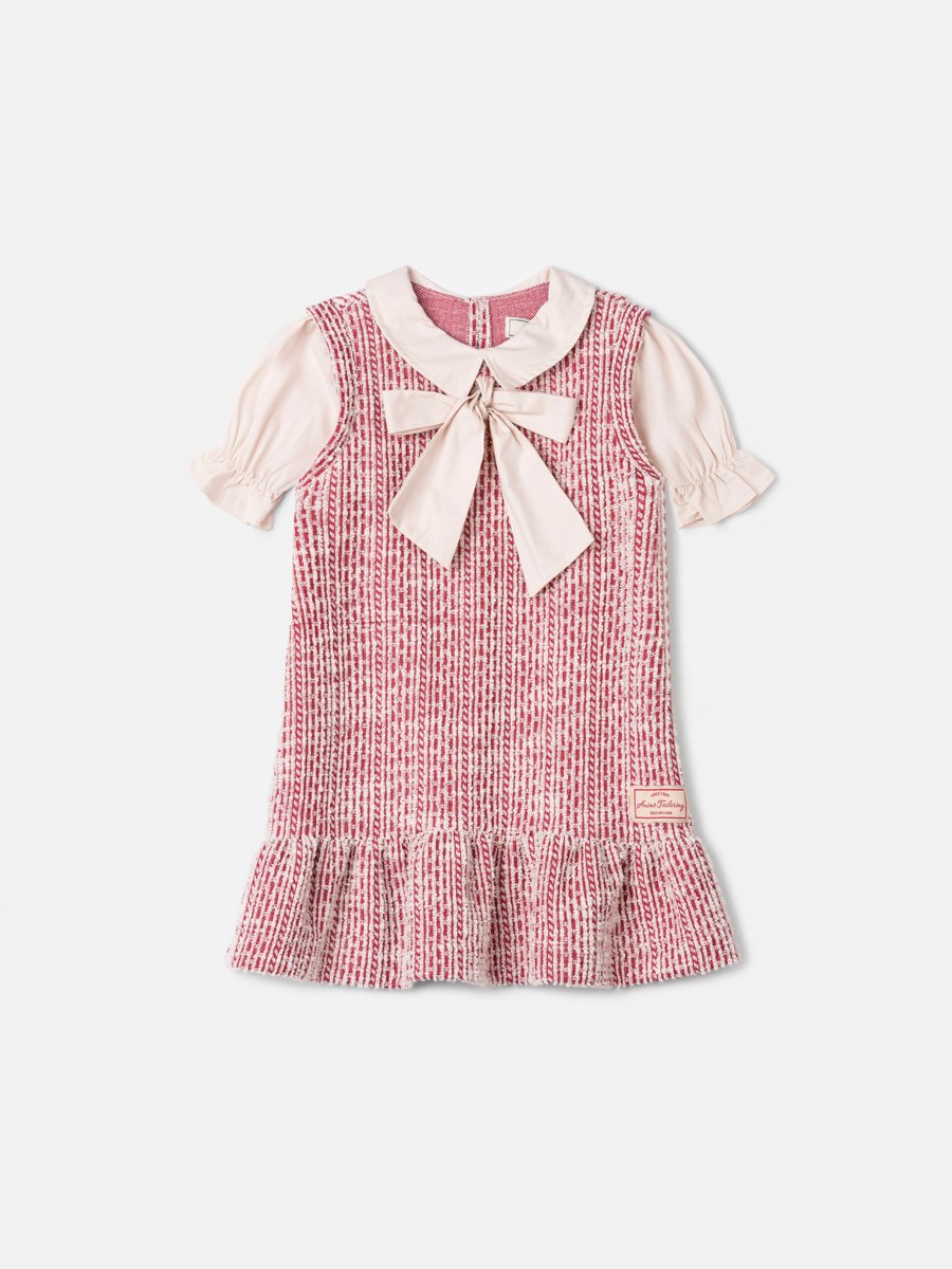 Animê Girls' Dress – Tweed Cherry with Puff Sleeve and Peter Pan Collar