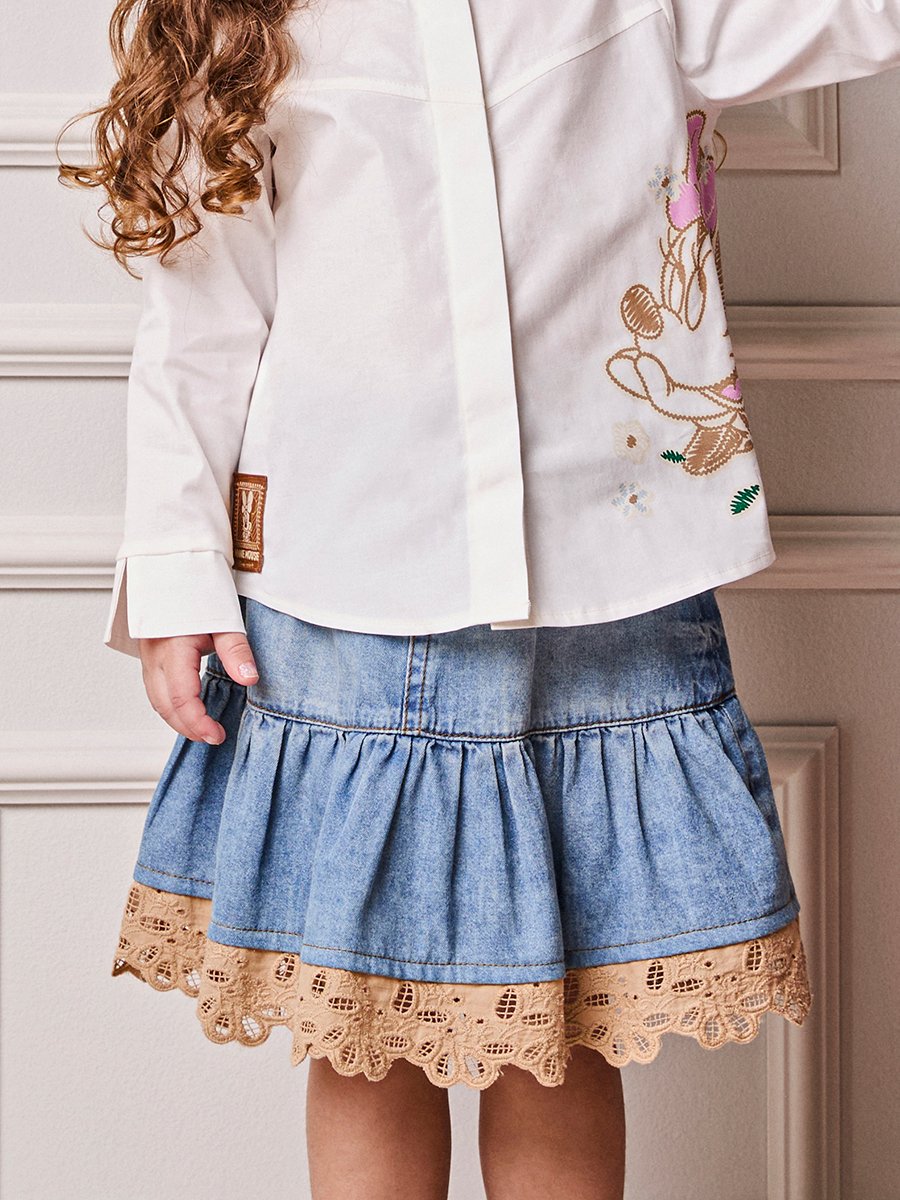 Children's Animê Girl's Ruffled Jeans Skirt with Lace and Pendant