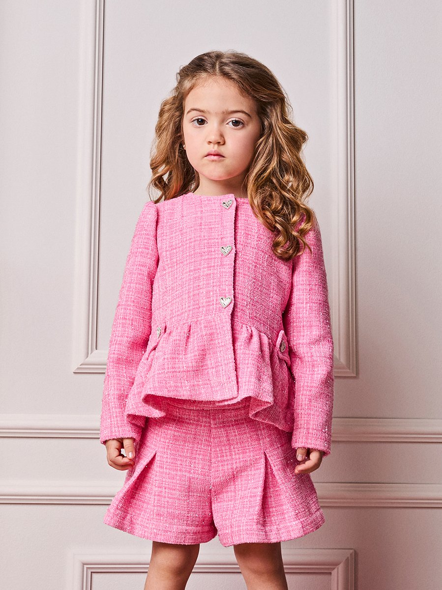 Animê Girls' Coat – Tweed Pink with buttons in heart