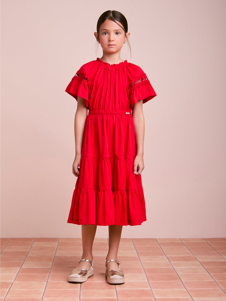 Red Children's Dress with Evasê Sleeves