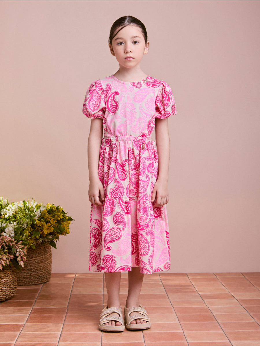 Pink Paisley Children's Dress with Puffed Sleeves