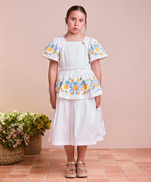 White Dress with Tropical Embroidery