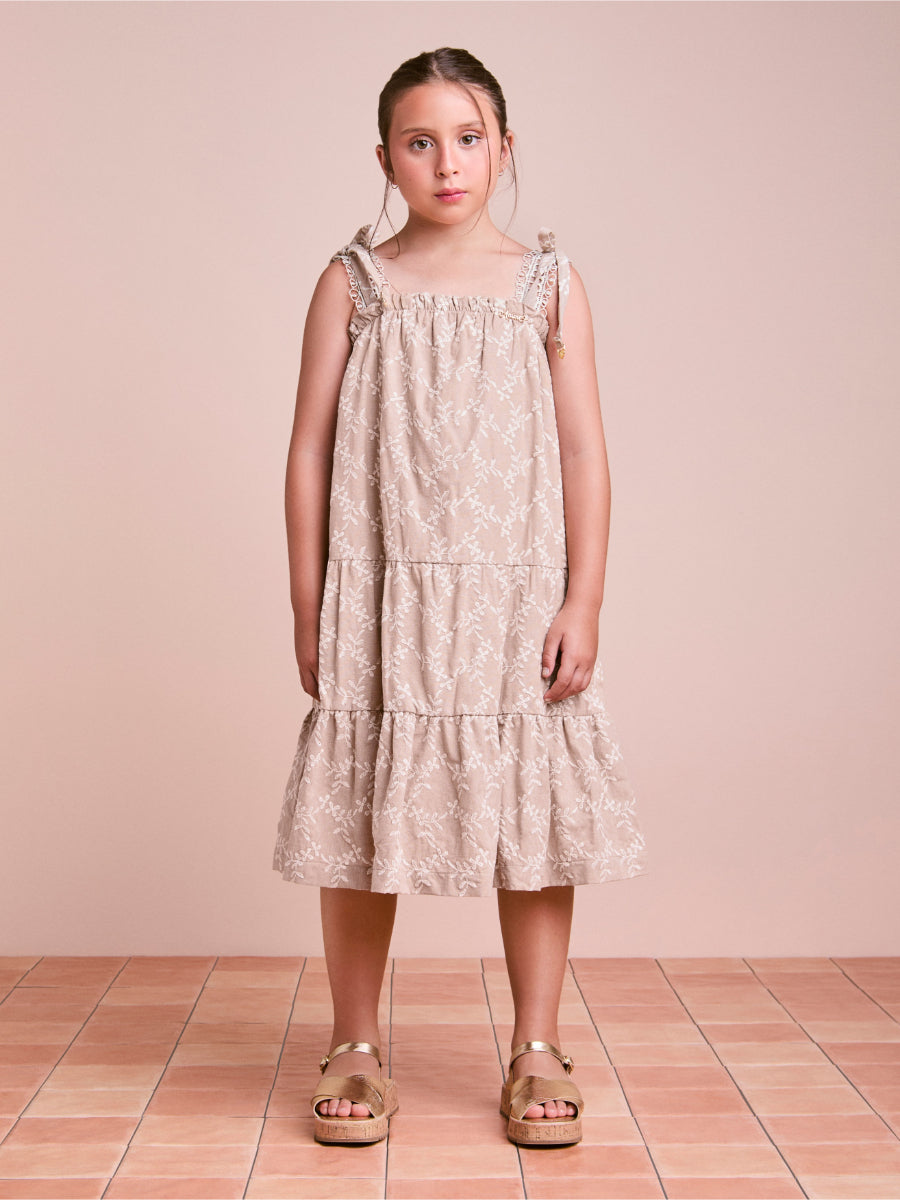 Children's Beige Laise Dress with Tie