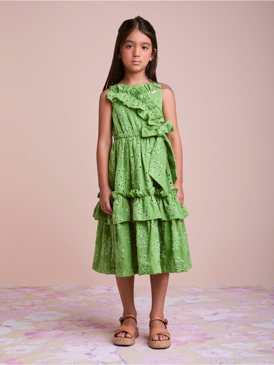 Green Laise Dress with Ruffles