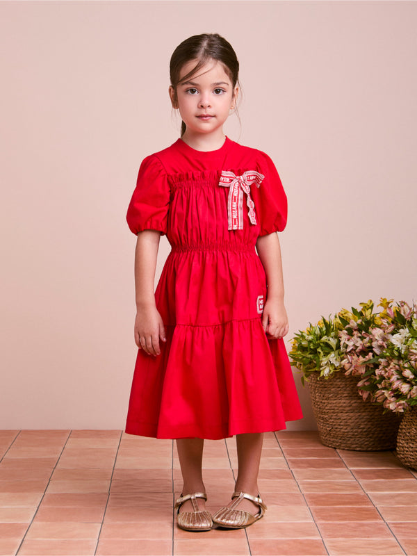 Red Children's Dress with Puffed Sleeves