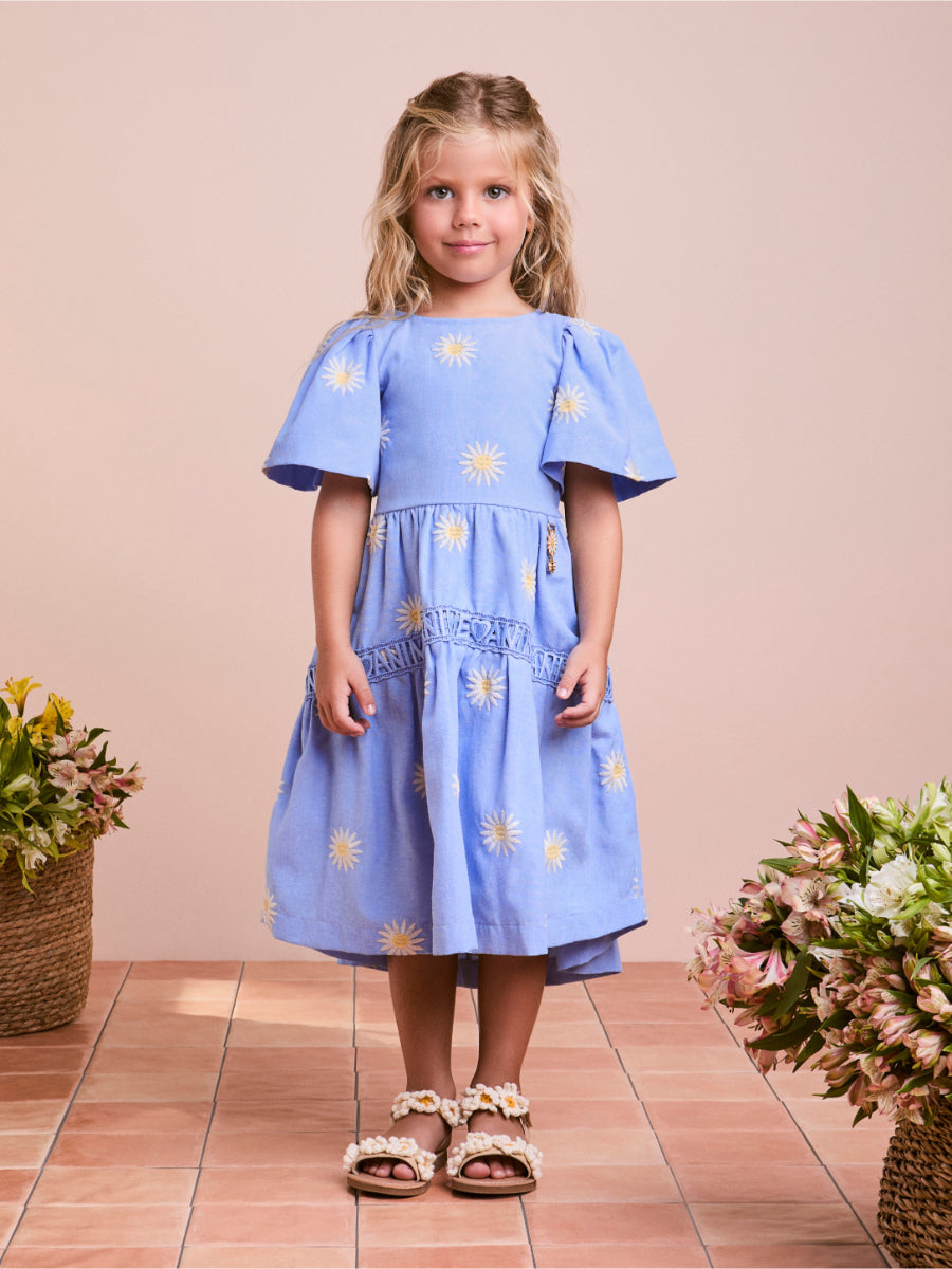 Blue Dress with Embroidered Daisies