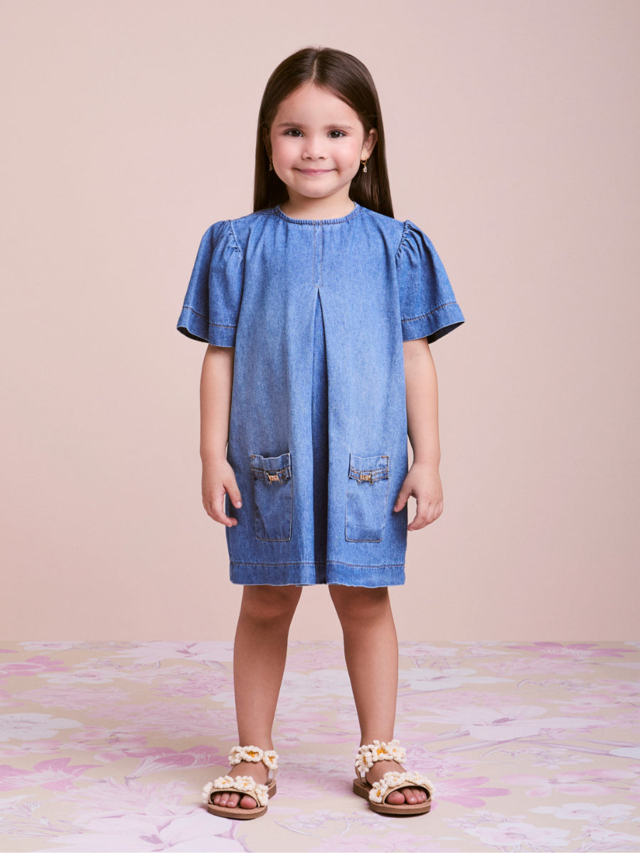 Denim Dress with Pleats
